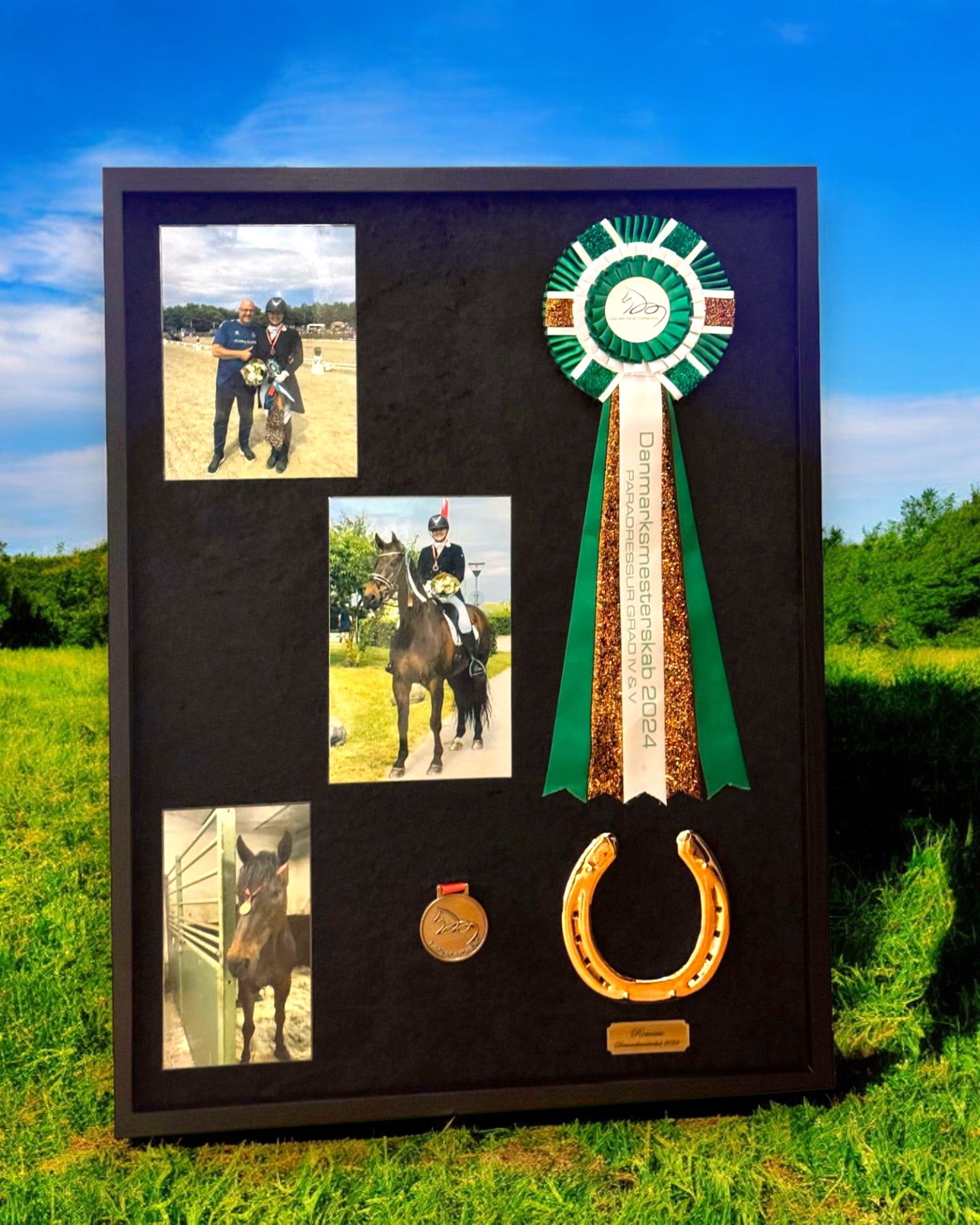 60x80 cm big frame with roset, medal, pictures, copper plated horseshoe and engraved sign.