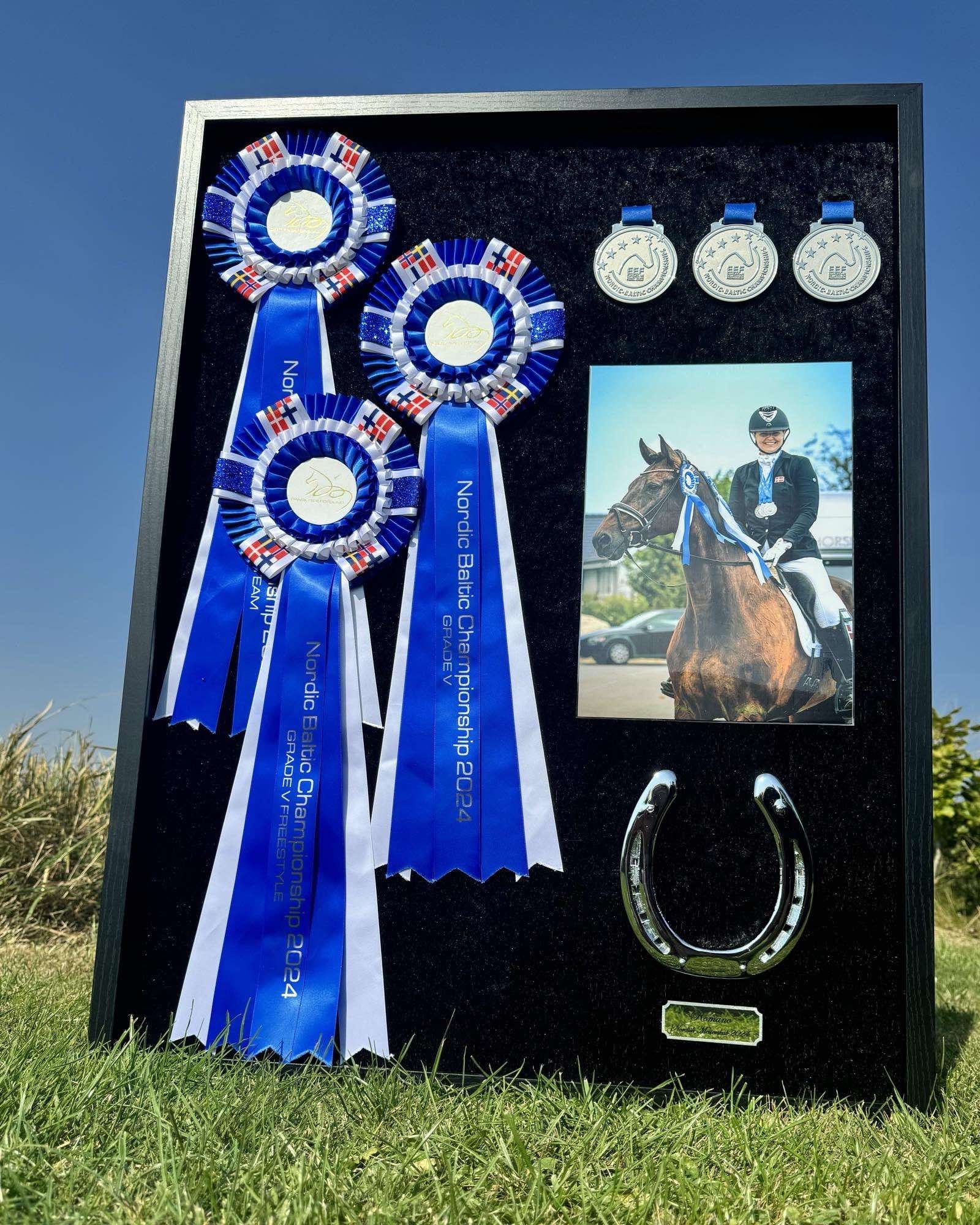 60x80 cm big frame with rosettes, medals, picture, crome-plated horseshoe and engraved sign.